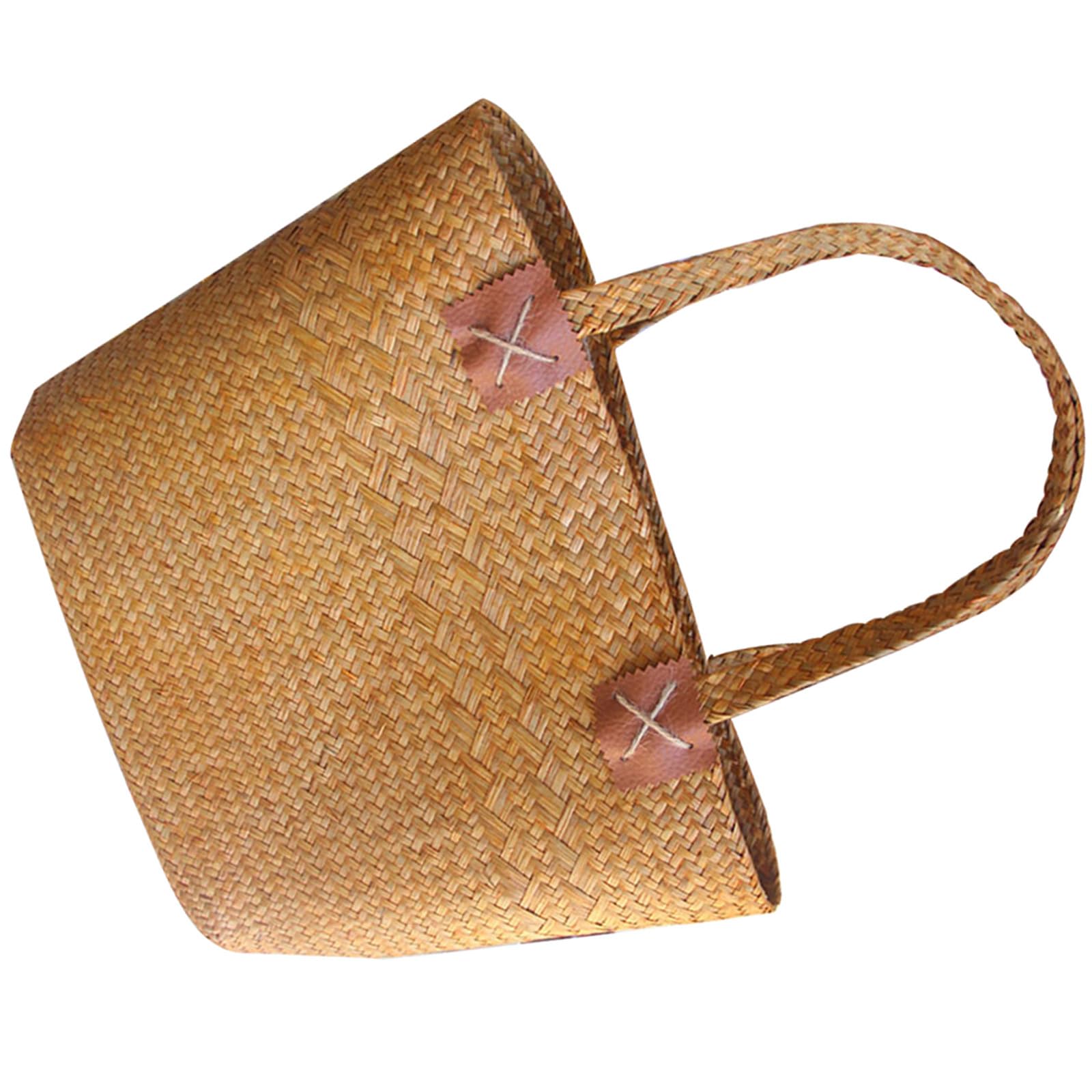 COLLBATH Sac en paille tissée à la main jaune motif floral Petit panier en osier pour pique-nique et plage Sac d'été multifonction pour femme Panier décoratif