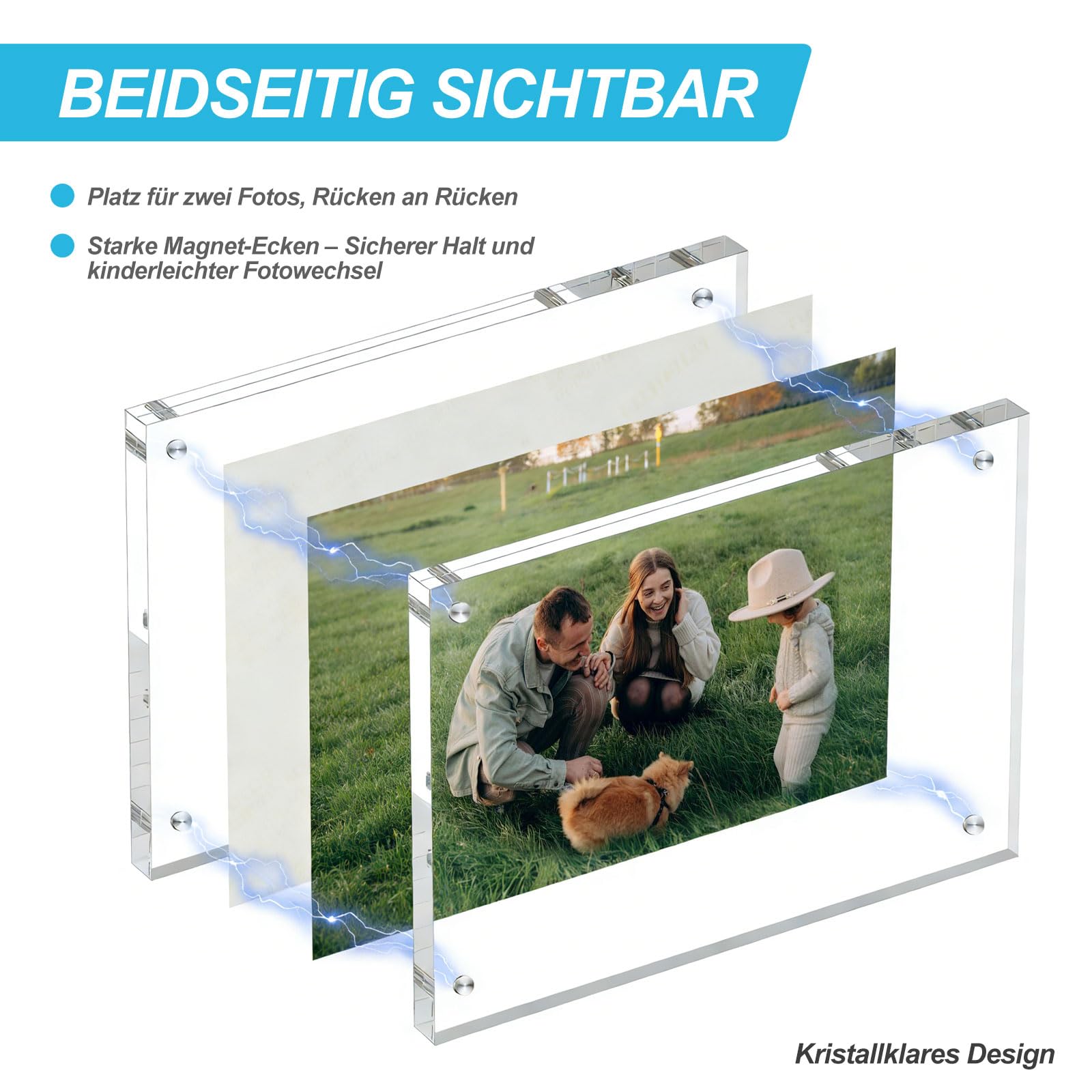 2 Stück Acryl Bilderrahmen 13x18 cm, Transparente Rahmenloser Bilderrahmen Set, Magnetischer Doppelseitiger Tischbilderrahmen, Freistehend, Geschenk für Familie und Freunde