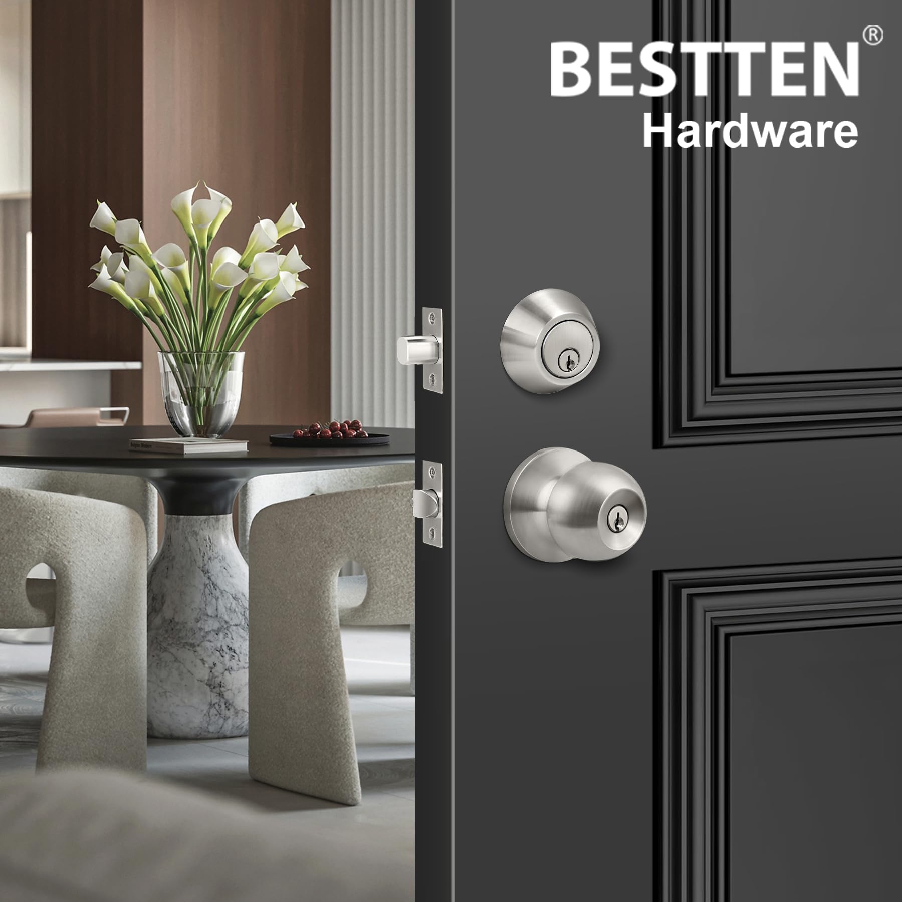 Satin Nickel Door Knobs - 2 Pack Keyed Locks & Deadbolts -9