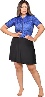 طقم سباحة نسائية من قطعة واحدة - مايوه بسحاب نصف كم مع شورت وتنورة متصلة بالقطعة سهلة الارتداء للنساء