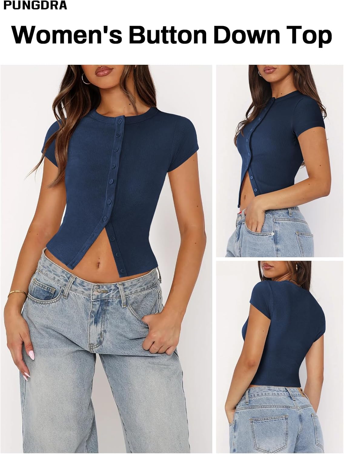Women's Button Down Shirt Cap Sleeve Tops for Women Button Up Ribbed Knit Slim Fit Casual Y2K Crop Going Out Top - Image 3