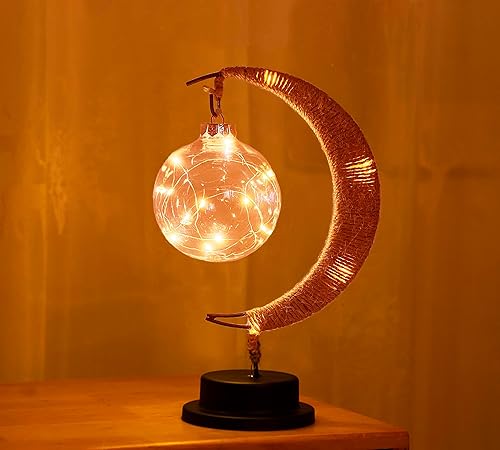 Lámpara LED de luna blanca cálida, luces de boda, caja de batería, cuerda de cáñamo, lámpara de bola de ratán de hierro, decoración romántica de