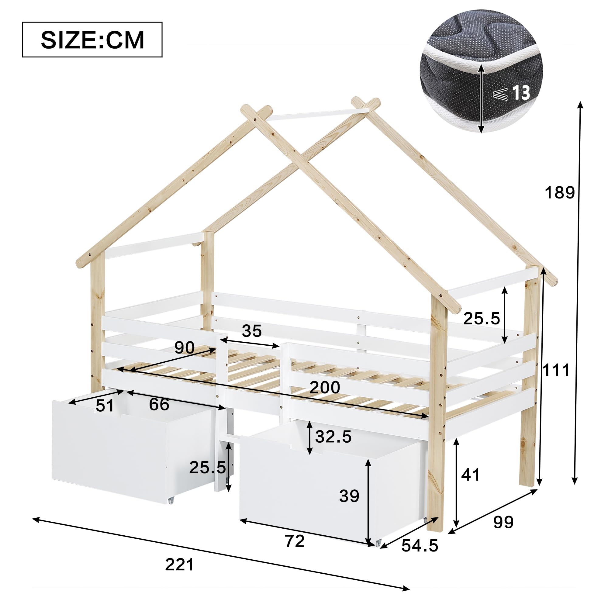 Merax Kinderbett 90x200cm, Hausbett mit 2 Schubladen & Kleine Leiter, Holzbett mit Rausfallschutz, Dach & Lattenrost, Stabiles Bettenhaus mit Vierseitiger Zaun, Halbhohes Bett für Mädchen/Jungen, Weiß