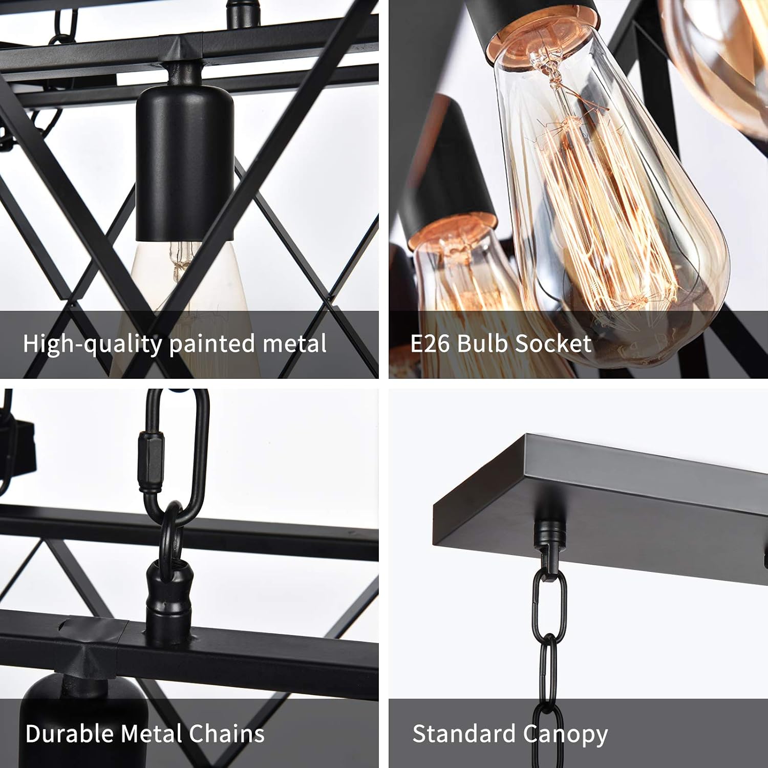 Buy 1 get 1 Industrial Kitchen Island Pendant Light Fixture, E26 Vintage Rectangular Pendant Lighting, 4-Light Black Metal Hanging Light, Rustic Light Fixtures for Kitchen Farmhouse Dining Room