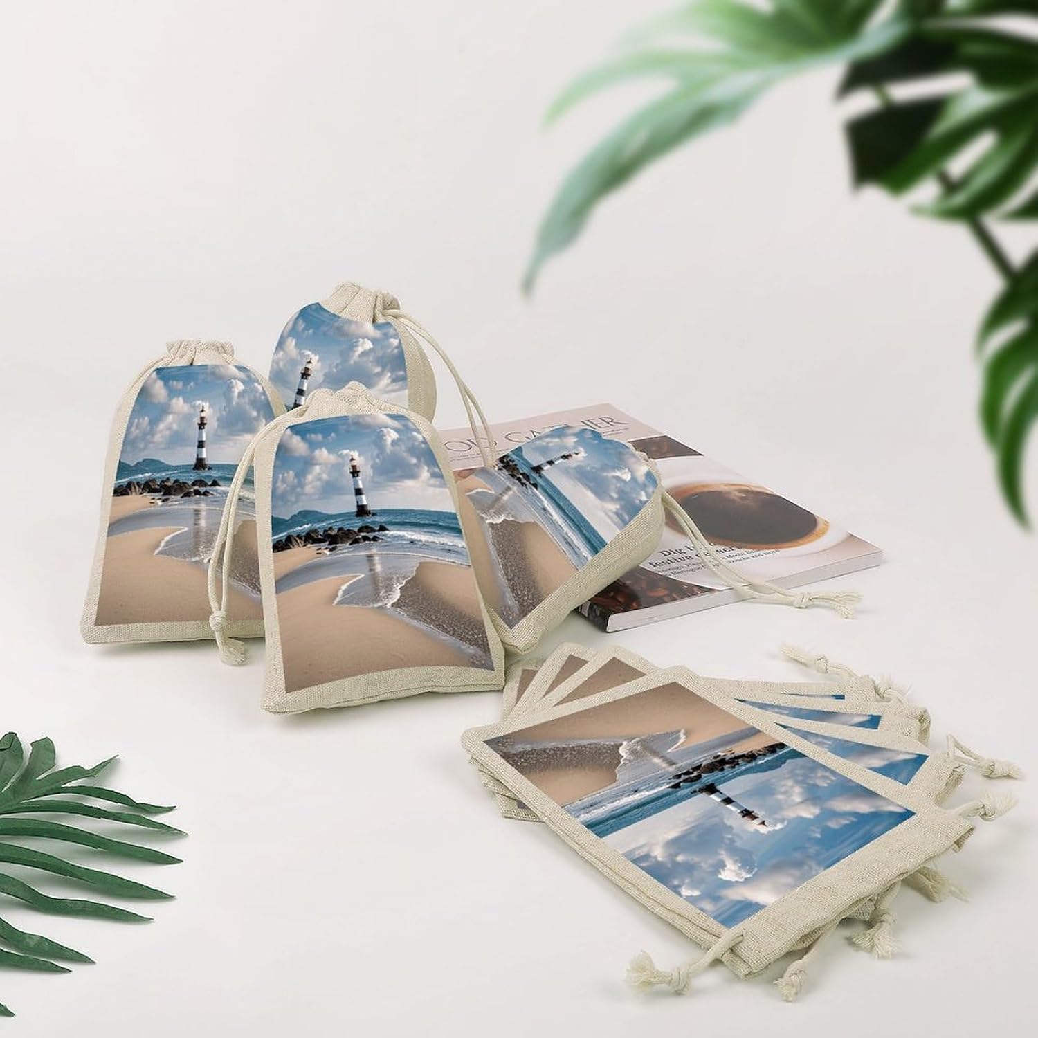 8 Pack Reusable Linen Bags Favor Bag Nice Linen Jewelry Pouches 4.9×6.7 In Small Sea Lighthouse Sandbeach Print Burlap Bags Cotton Drawstring Gift Bag for Wedding Party Favor image 2