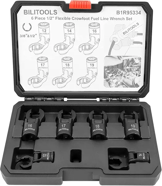 BILITOOLS 6PCS Flex Head Crows Foot Line Wrench Set, 3/8" & 1/2" Drive Injector Fuel Line Sockets Wrench Set, Crowfoot Flare Nut Socket Wrench Metric 12 14 16 17 18 19 mm with Storage Box