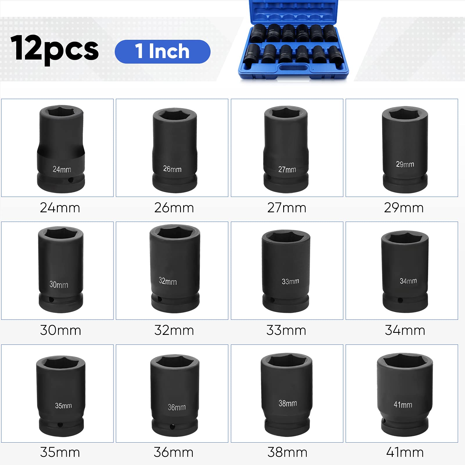 Juego de llaves de vaso de impacto métricas, 12 unidades de 1 pulgada de impacto profundo para garaje taller de 24 a 41 mm