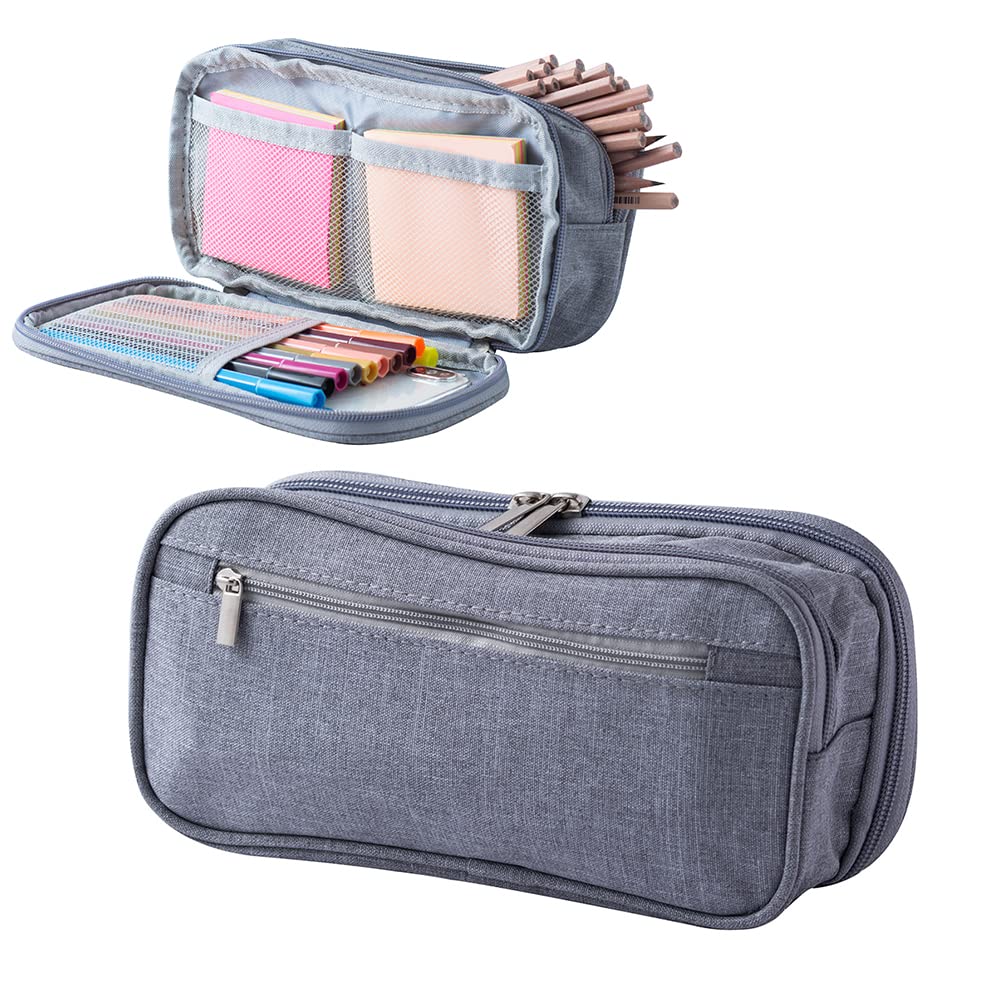 YOSCO Large Capacity Pencil Case Big Pen Bag Pouch with Compartments, School Supplies Stationery Storage Organizer for Middle High School Office College Students Girl Boy Adult Teen Adults (Grey)