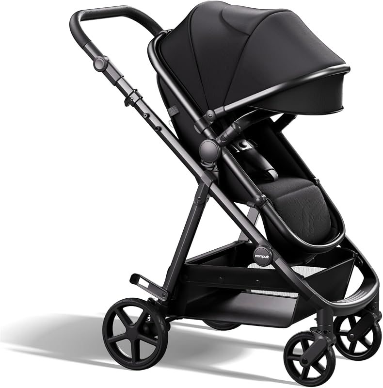 Mompush Baby Stroller with Bassinet Mode, Car Seat Adapter Included | Convertible 2-in-1 Reversible Seat One-Hand Recline Compact Fold All-Wheel Suspension UPF 50+ Canopy