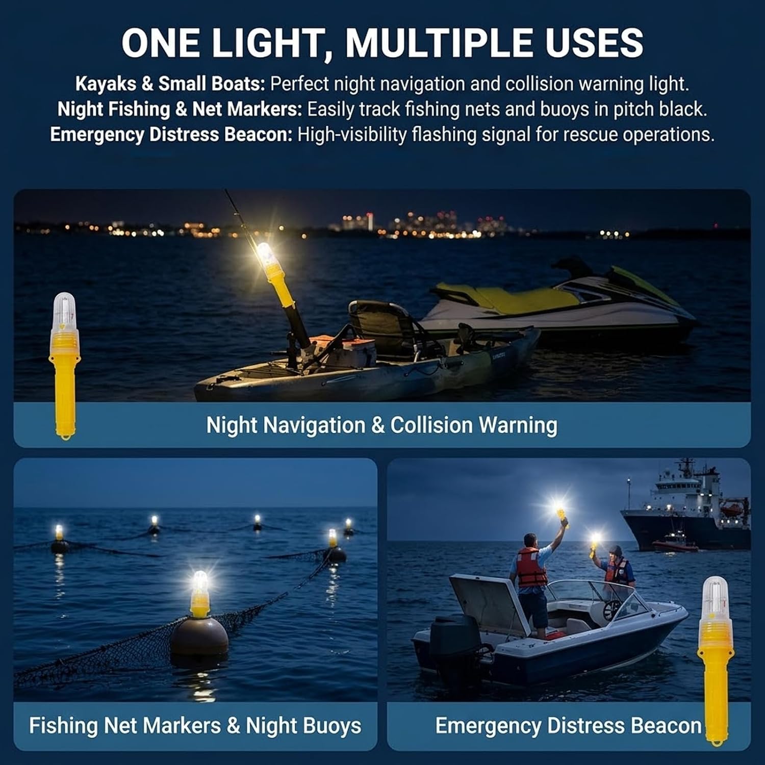 3Pcs Boat Flares Marine LED Light Visual Distress Safety Signals | Smart sensor automatically activates in low visibility; ideal waterproof beacon for night fishing buoys and kayaks