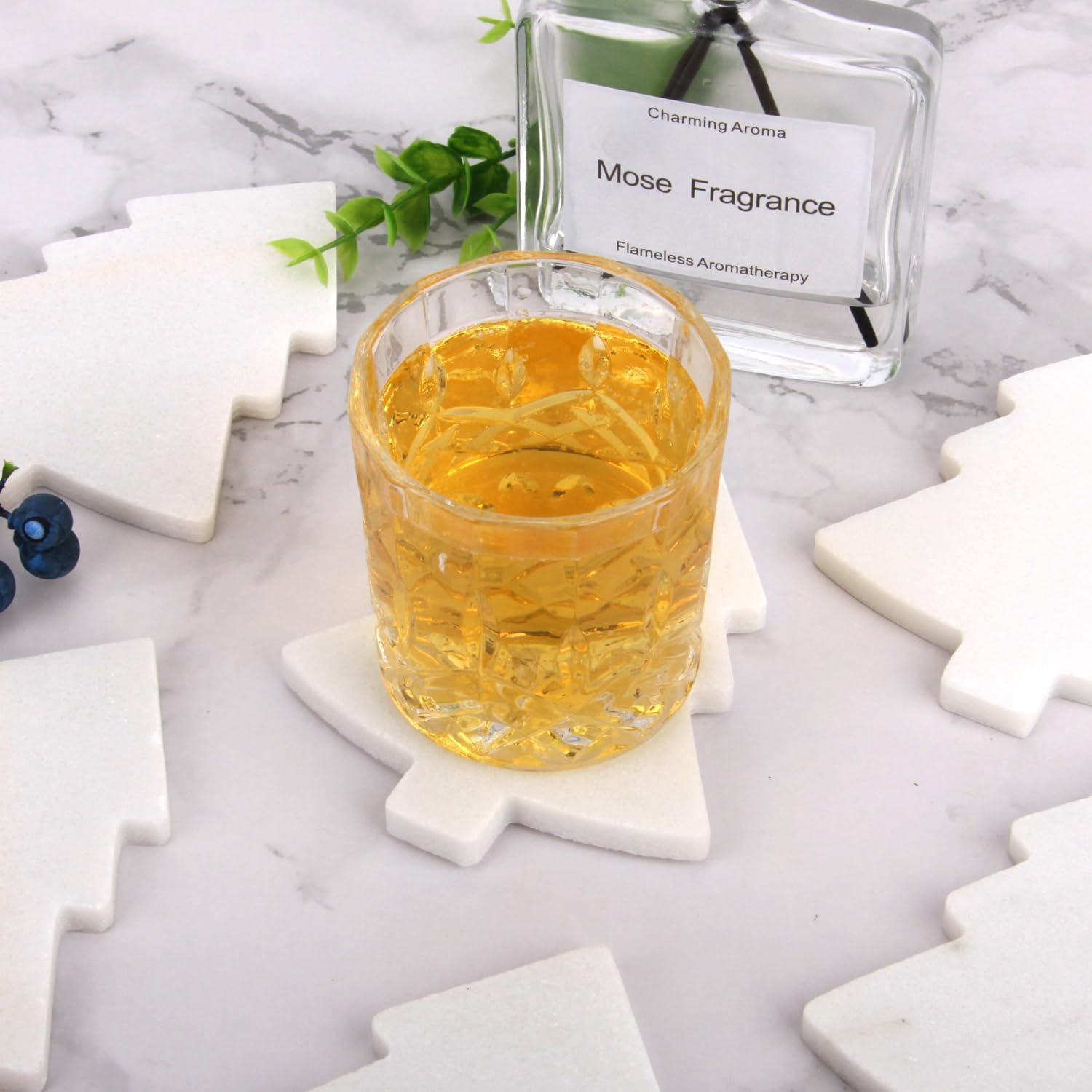 Marble Coasters Set of 6-4 Inch Snowflake Design White Natural Stone Drink Coasters, Modern Luxury Outdoor Cup Coaster Table Protection for Coffee Tab (6, 4 Inch) (4, White, Pine Tree)