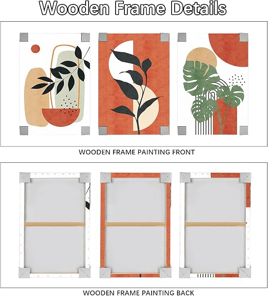 3Pcs Wooden Framed Boho Canvas Wall Art Orange Abstract Leaves And Sun Painting Canvas Prints Nordic Minimalist Geometric Picture for Living Room Bedroom Hallway Home Wall Decor 120x60cm(16"x24"x3pcs) - 5