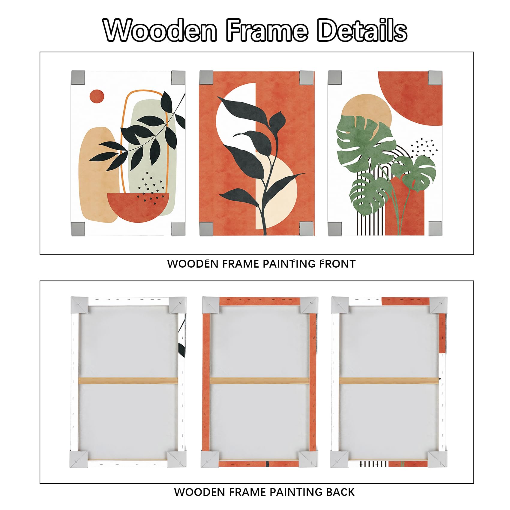 3Pcs Wooden Framed Boho Canvas Wall Art Orange Abstract Leaves And Sun Painting Canvas Prints Nordic Minimalist Geometric Picture for Living Room Bedroom Hallway Home Wall Decor 120x60cm(16"x24"x3pcs) — view 5