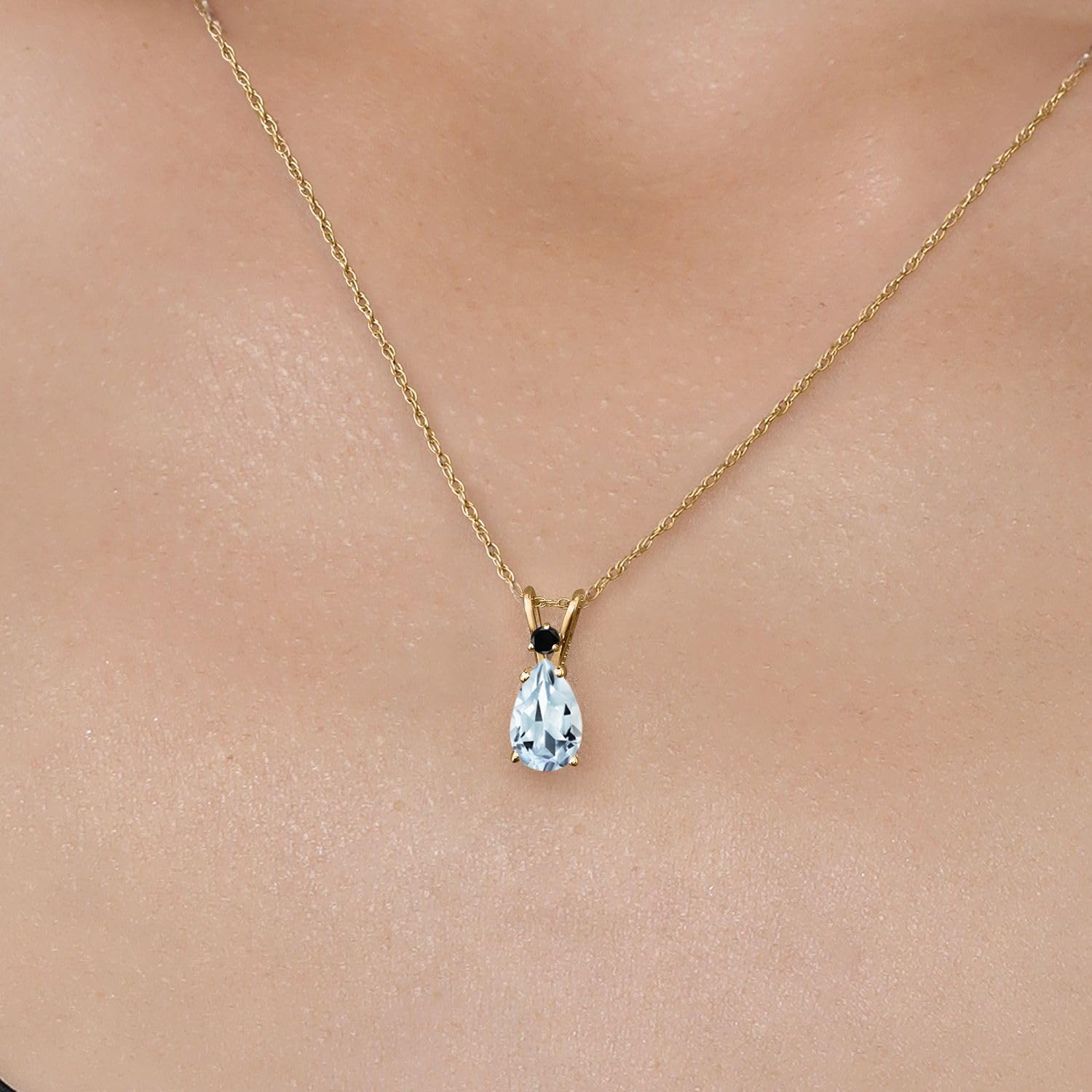 Gem Stone King 14K Yellow Gold Sky Blue Aquamarine and Black Diamond Pendant Necklace for Women | 1.18 Cttw | Gemstone March Birthstone | Pear Shape 9X6MM | With 18 Inch Chain - Image 3