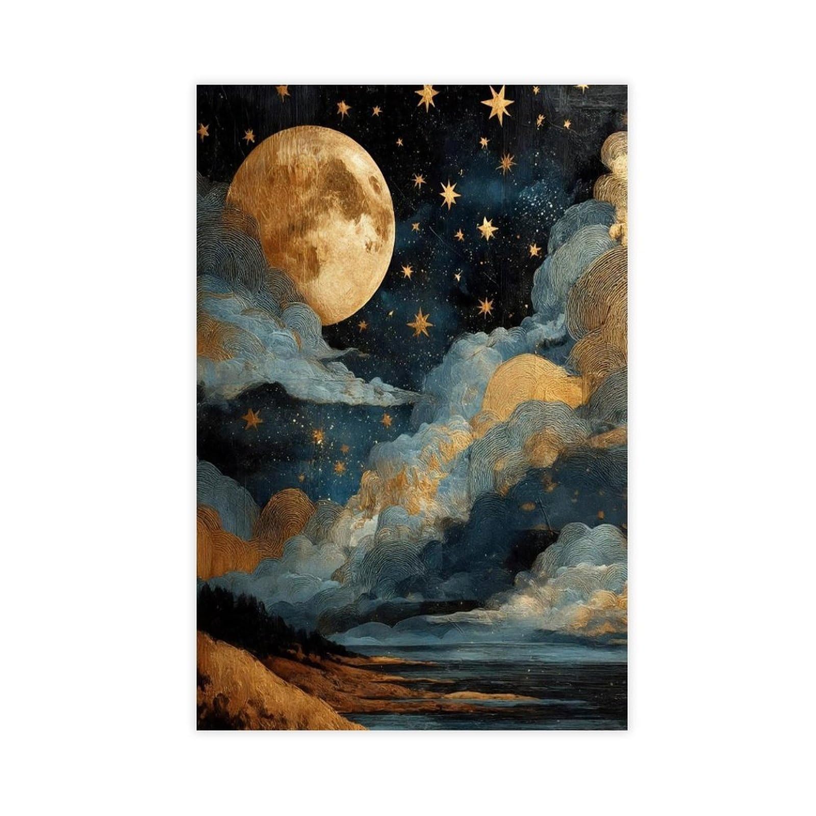 Bareronor Off-White Celestial Moon Canvas Poster Bedroom Decor Landscape Office Room Decor Gift 24" L X 36" W