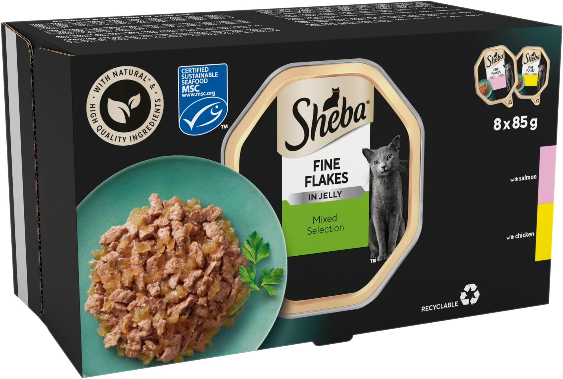 Fine Flakes Cat Food Trays Salmon and Chicken in Jelly Collection 8 x 85g
