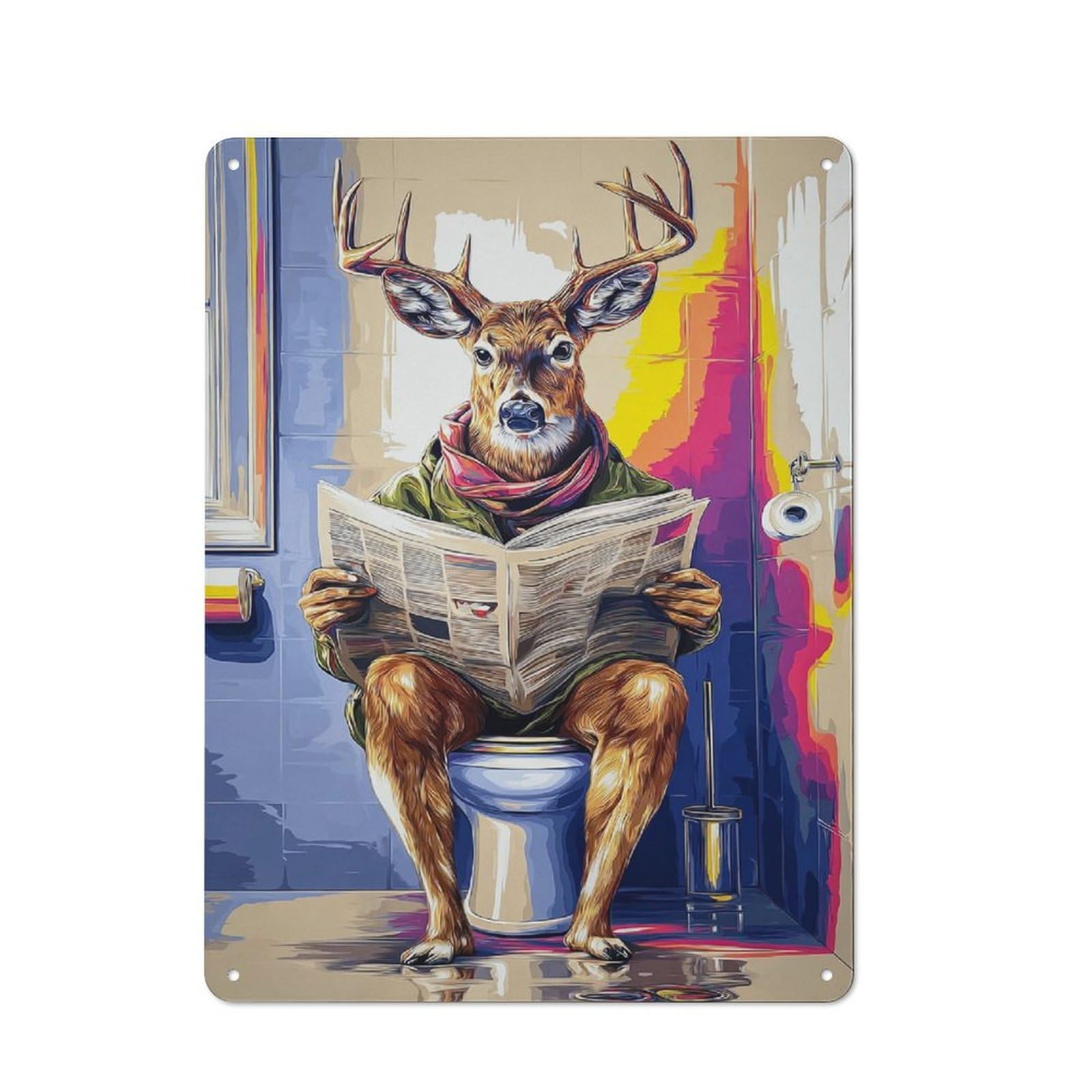 Junmoney Deer Reading Newspaper On Toilet Vintage Tin Sign 40X30cm Featuring For Bar Or Restaurant, A Decorative Christmas Gift For Bar Decor Enthusiasts