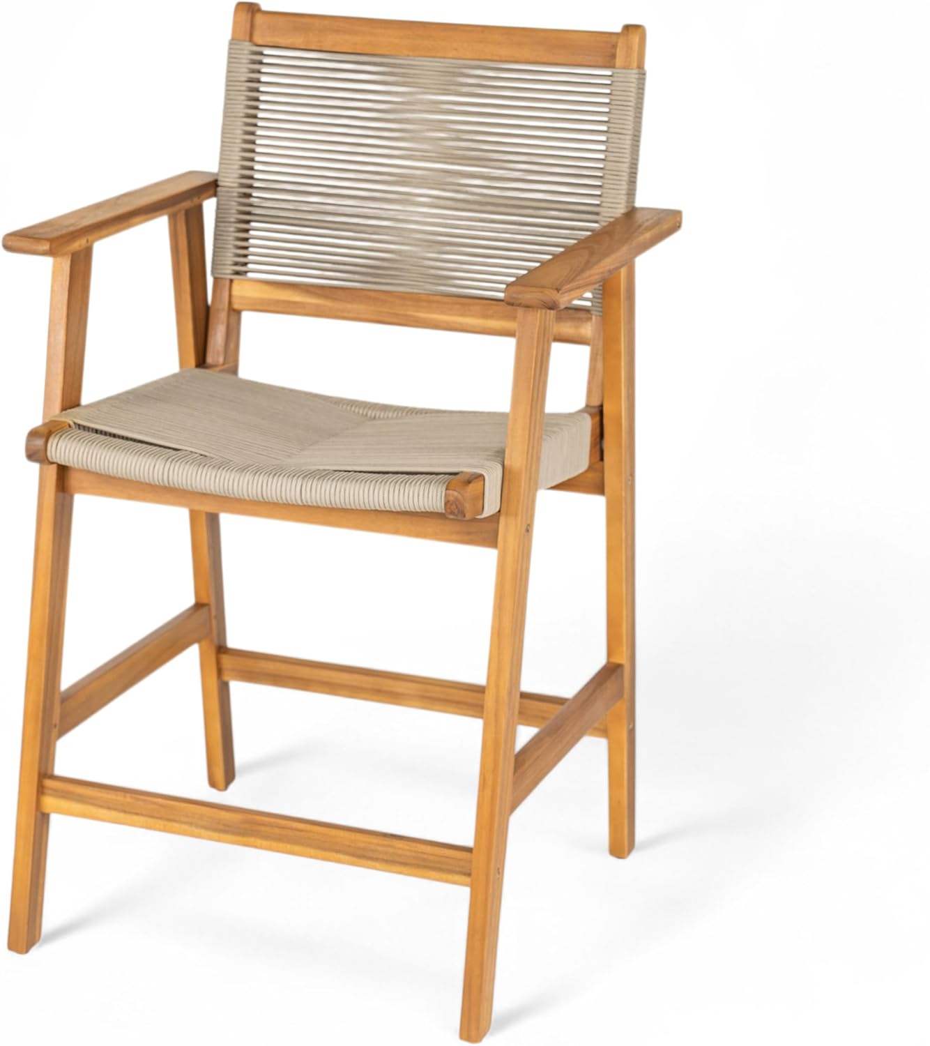 Christopher Knight Home Pleta Patio Barstool Set of 2, Acacia Wood & Beige Rope Outdoor Counter Stool with Armrest/Footrest, Natural Wooden Barstool Chairs for Backyard Balcony Garden, Beige + Teak
