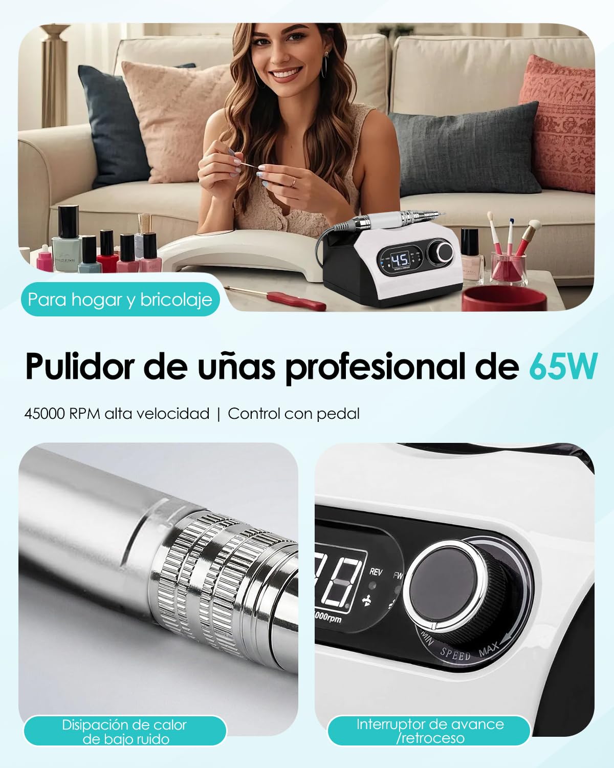 CozyZen Lima Eléctrica de Uñas Profesional 35000 RPM con Pedal | Máquina de Lijado de Uñas Enchufable con Pantalla LED, Control de Velocidad, 6 Fresas para Acrílico, Gel, Hogar y Salón