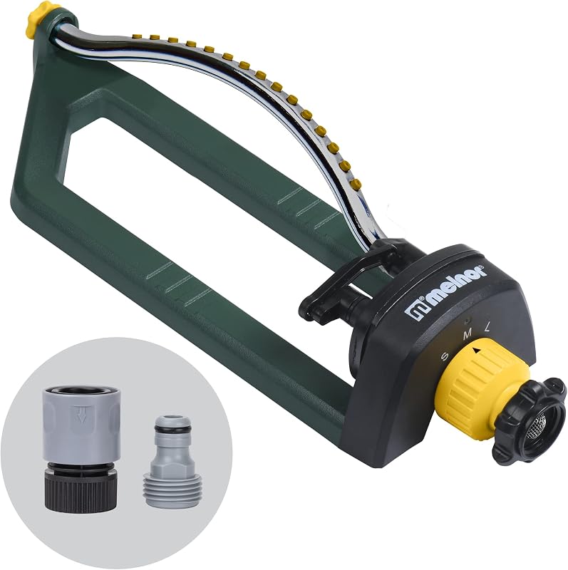 Melnor 65151AMZ Oscillating Sprinkler, Covers Up to 3,000 Sq. Ft., Small Medium Large Coverage Adjustment, 15 Precision Nozzles, Quick Connect Bundle, Green, Yellow