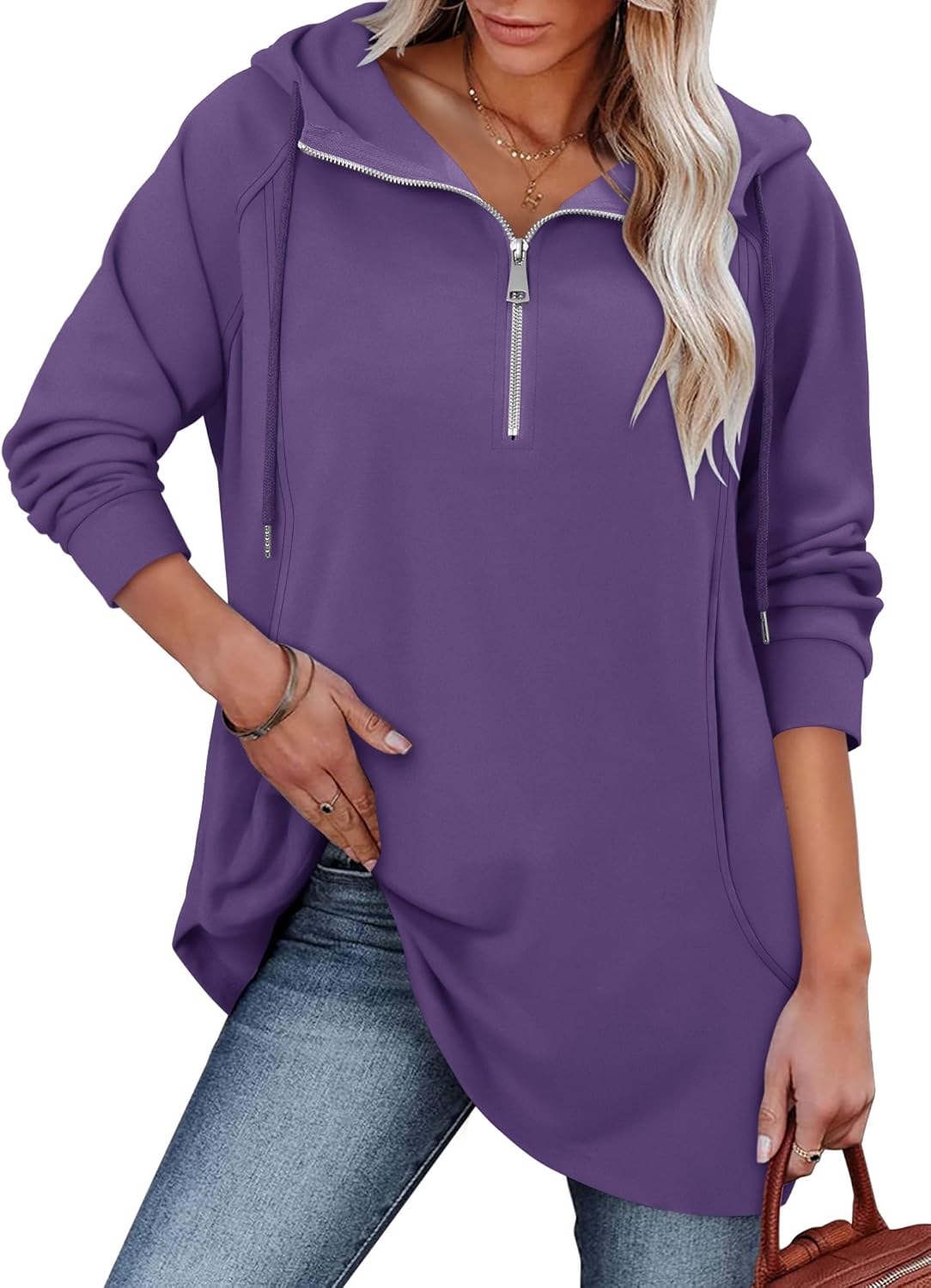 onlypuff Women Hoodie Pullover Trendy Quarter Zipper Lapel Sweatshirts Drawstring Cute Hooded Tunic Tops with Side Pockets - Image 2