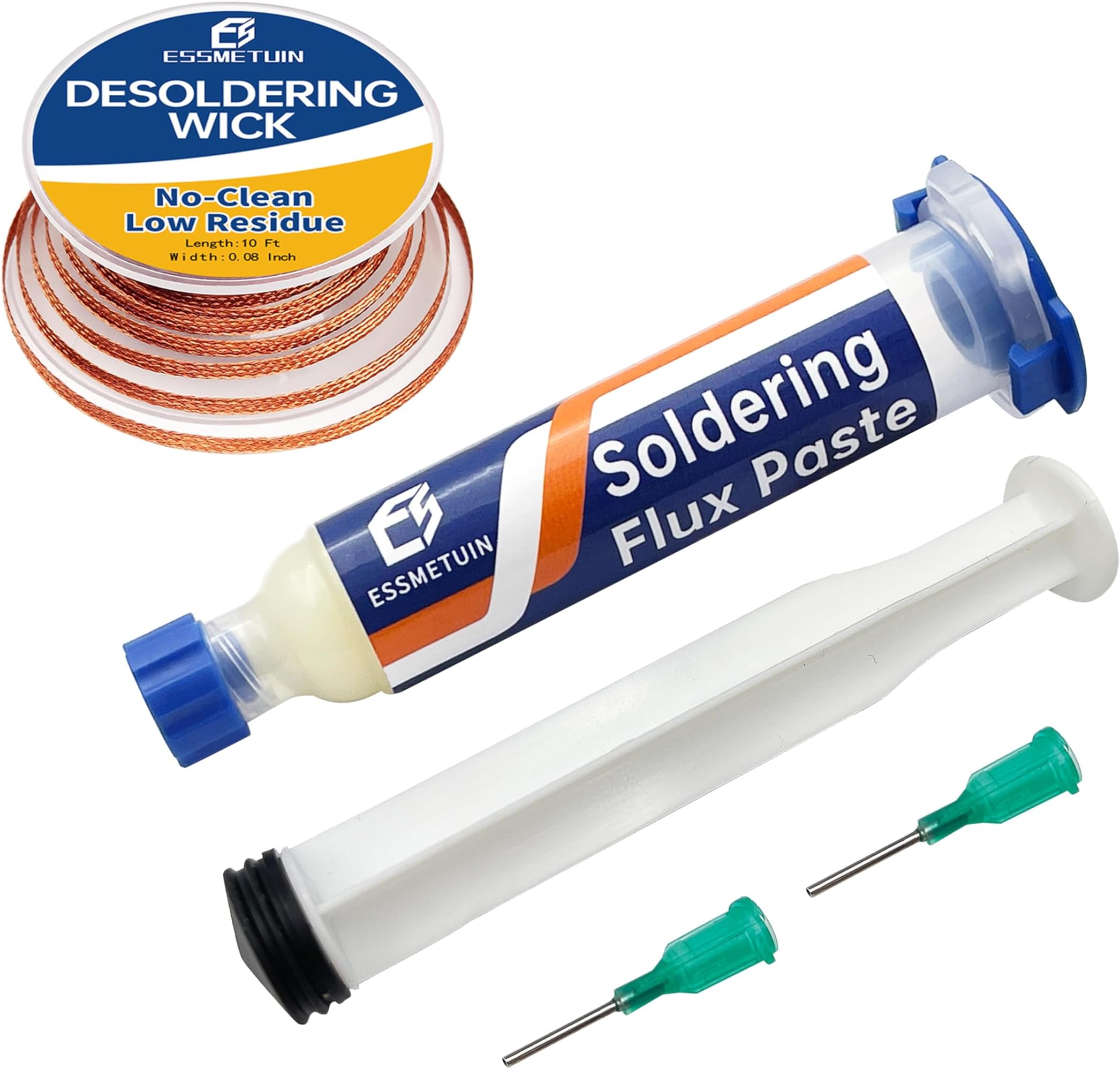 Essmetuin Desoldering Wick and Flux Paste for Electronics Repair, No Clean Flux, Solder Removal Kit