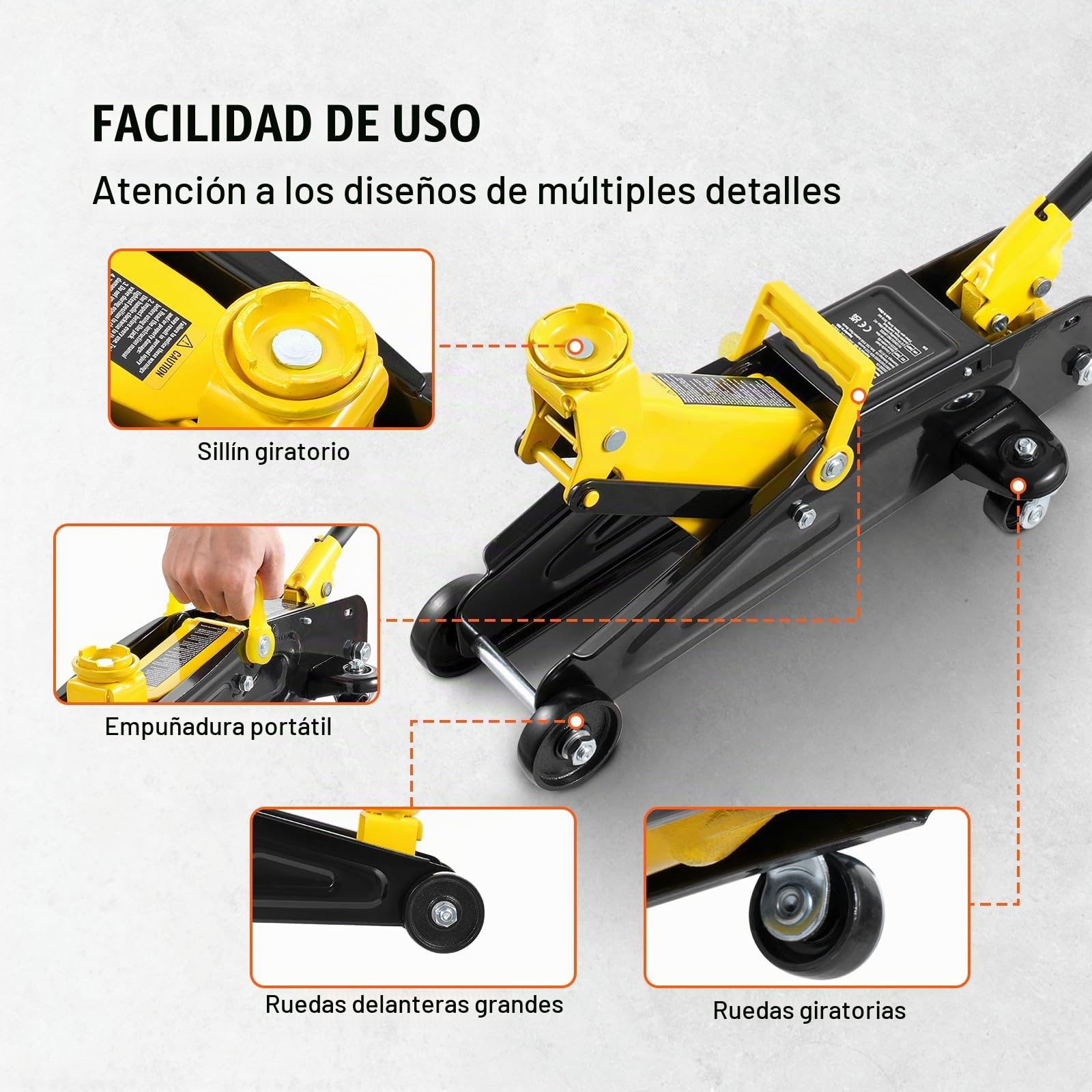 VEVOR Gato Hidráulico de Piso de Perfil bajo de 2000 kg, Hierro Resistente, para Automóvil, Bomba de Elevación Rápida de Un Solo Pistón, Rango de Elevación 125,2 a 335 mm(Amarillo), 447 x 200 x 180 mm