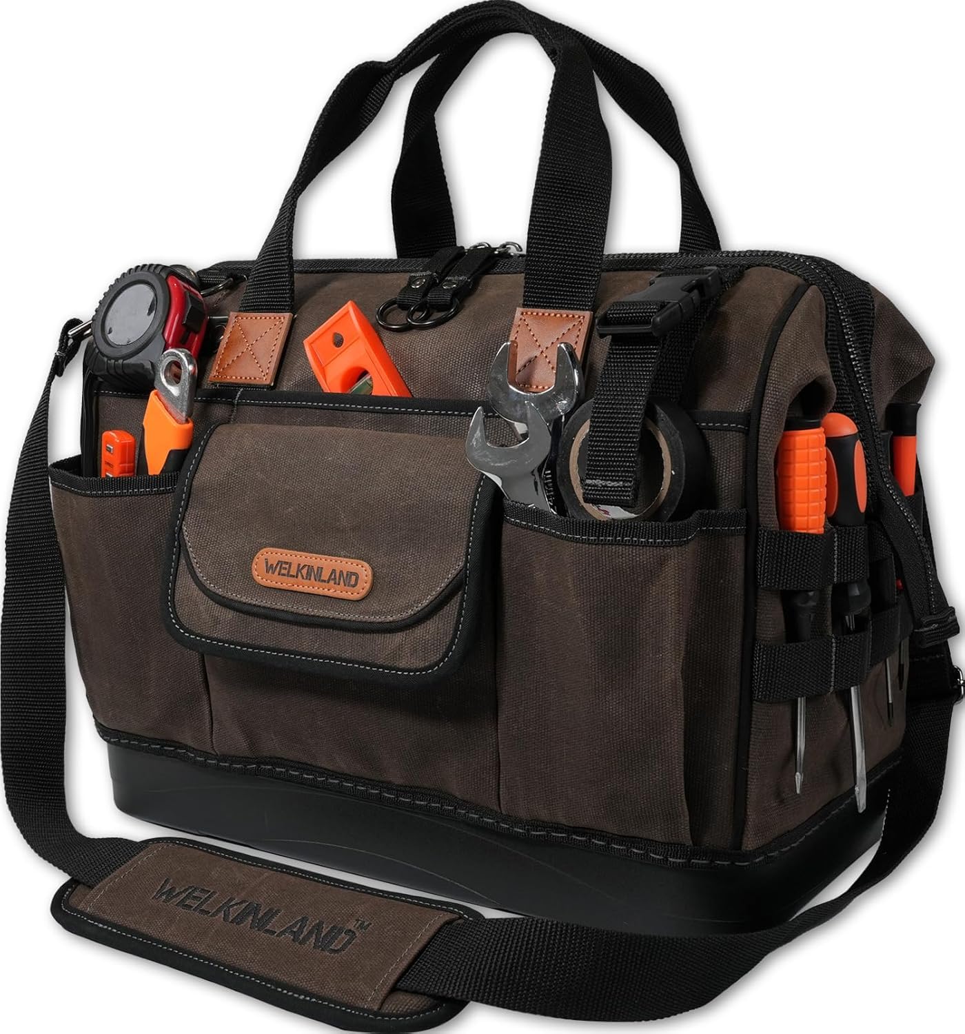 WELKINLAND Werkzeugtasche aus gewachstem Segeltuch mit 45 Fächern, 40,6 cm, robuste Techniker-Werkzeugtasche für Elektriker, hartes Bodenmaterial.