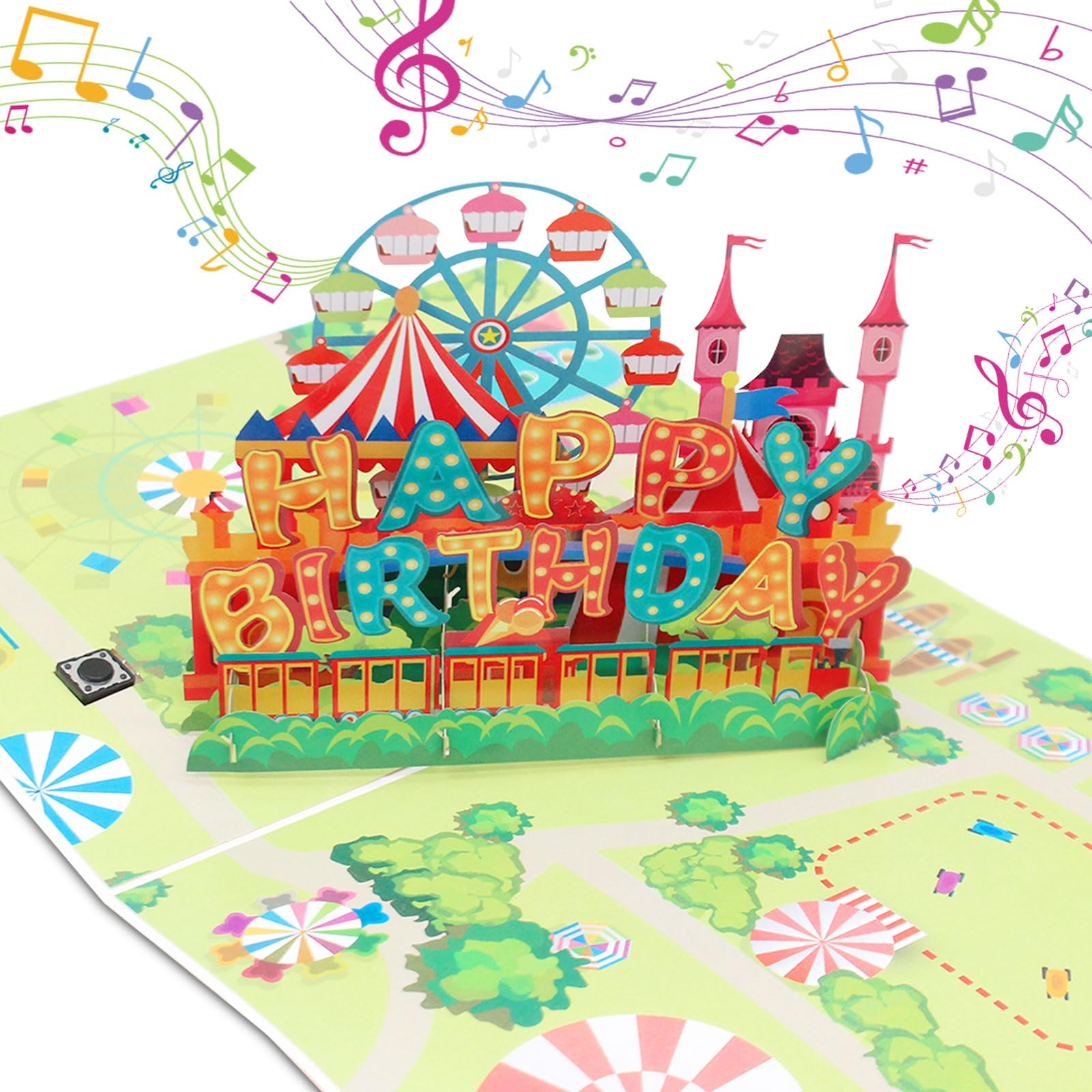 3D Birthday Card with Music and Light, Happy Birthday Greeting Card with Envelope and Note,Amusement Park Ferris Wheel Carousel Theme Birthday Cards for Adults Kids Women Men