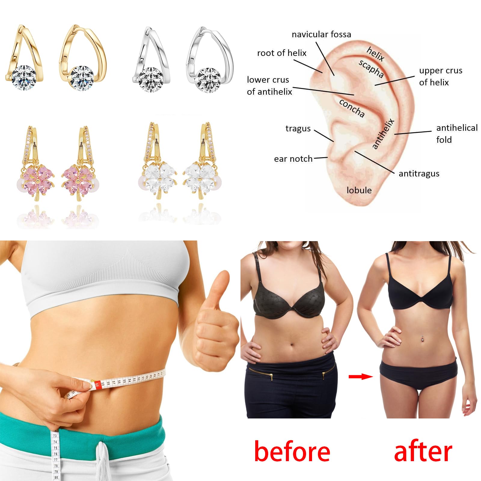 4 Pairs Lymphvity Therapy Germanium Earrings Lymphatic Drainage Earrings Acupuncture Earrings for Women Rhinestone Flower Hoop Earrings(B)