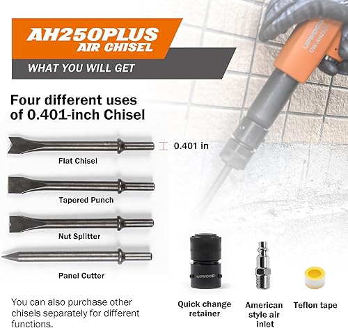 Miniatura 3 de UW-AH250P Kit de martillo de aire de barril largo con retenedor de cambio rápido y 4 cinceles, carrera de 3-58 pulgadas, 2200 BPM, peso ligero