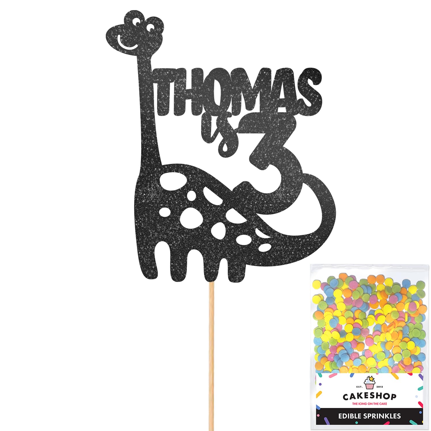 Personalised Birthday Dinosaur Glitter Cake Topper- Black Any Name & Age Glitter Cake Decoration and Sprinkles - Happy Birthday Decorations - Personalised Toppers for Cakes by Cakeshop