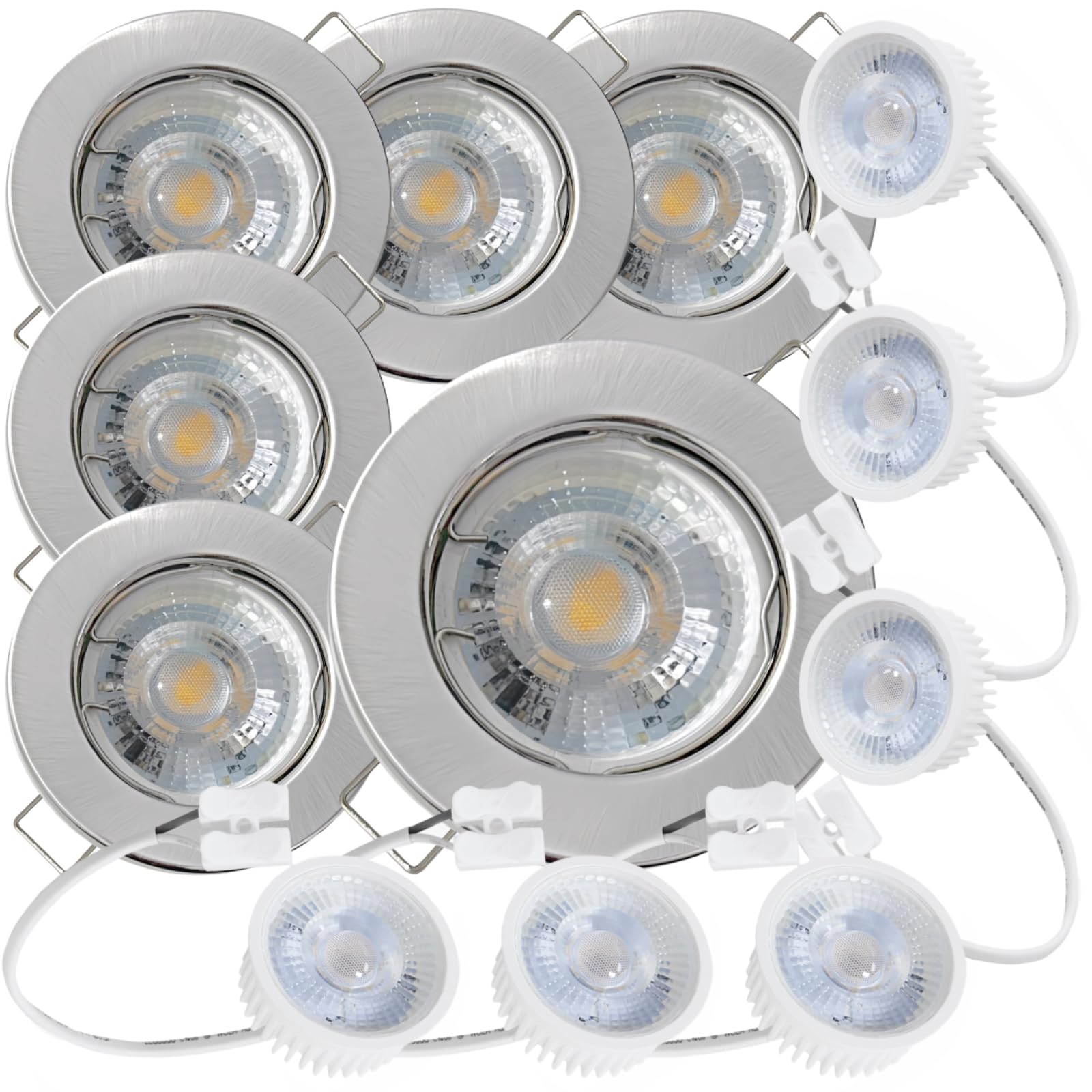 6 Stück flacher LED Einbaustrahler Lotta 230V 5W COB Step-Dimmbar | IP20 | Farbe: Edelstahl gebürstet | Einbauleuchte 4000K Neutralweiß | Kompakter Deckenspot für Wohnbereich
