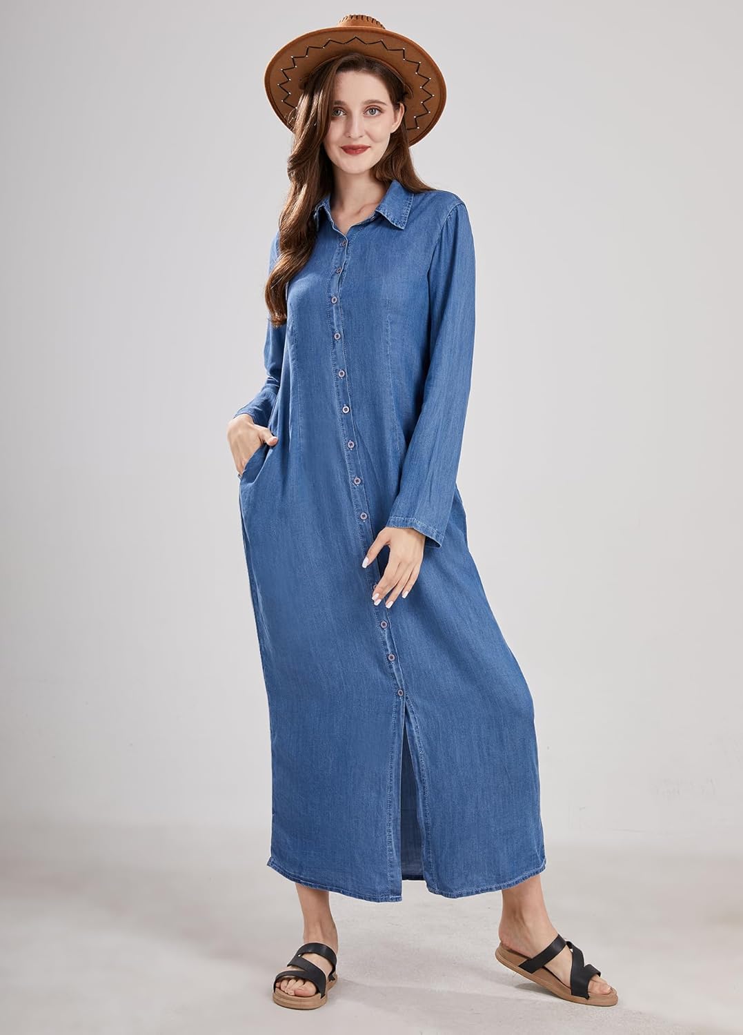 utcoco Womens Casual Button Down Denim Maxi Dress Lapel Long Sleeve Long Jean Dresses with Pockets - Image 6