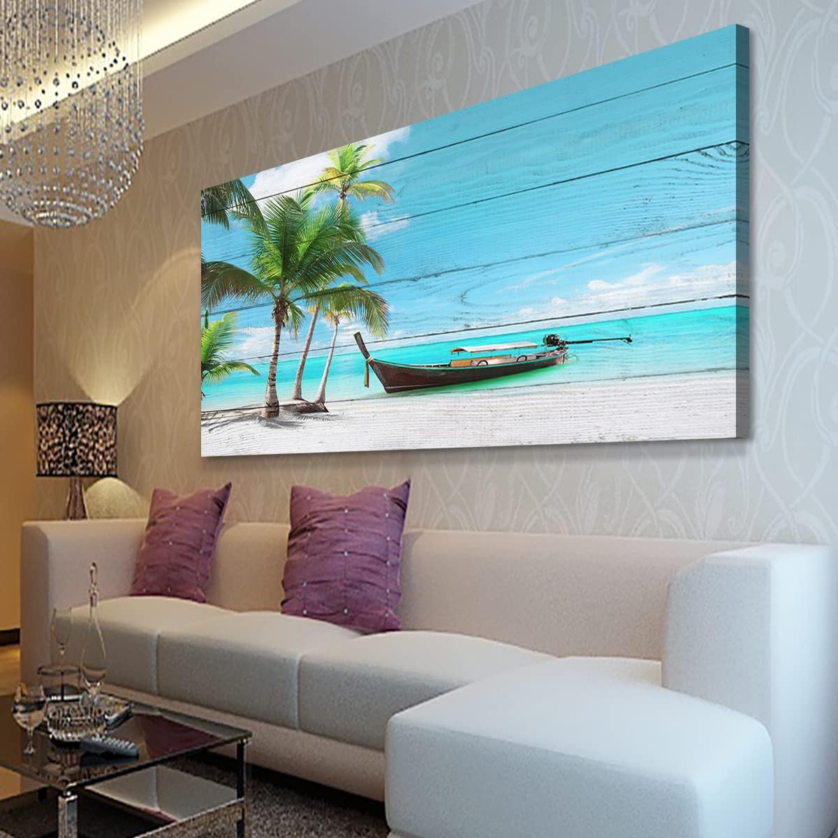 Beach Picture Canvas Prints Coconut Tree Ocean Wall Art Home Decor Natural Seascape Paintings for Living Room Bathroom Bedroom Office Kitchen Decorations Wooden Framed Landscape Artwork 20x40inchs