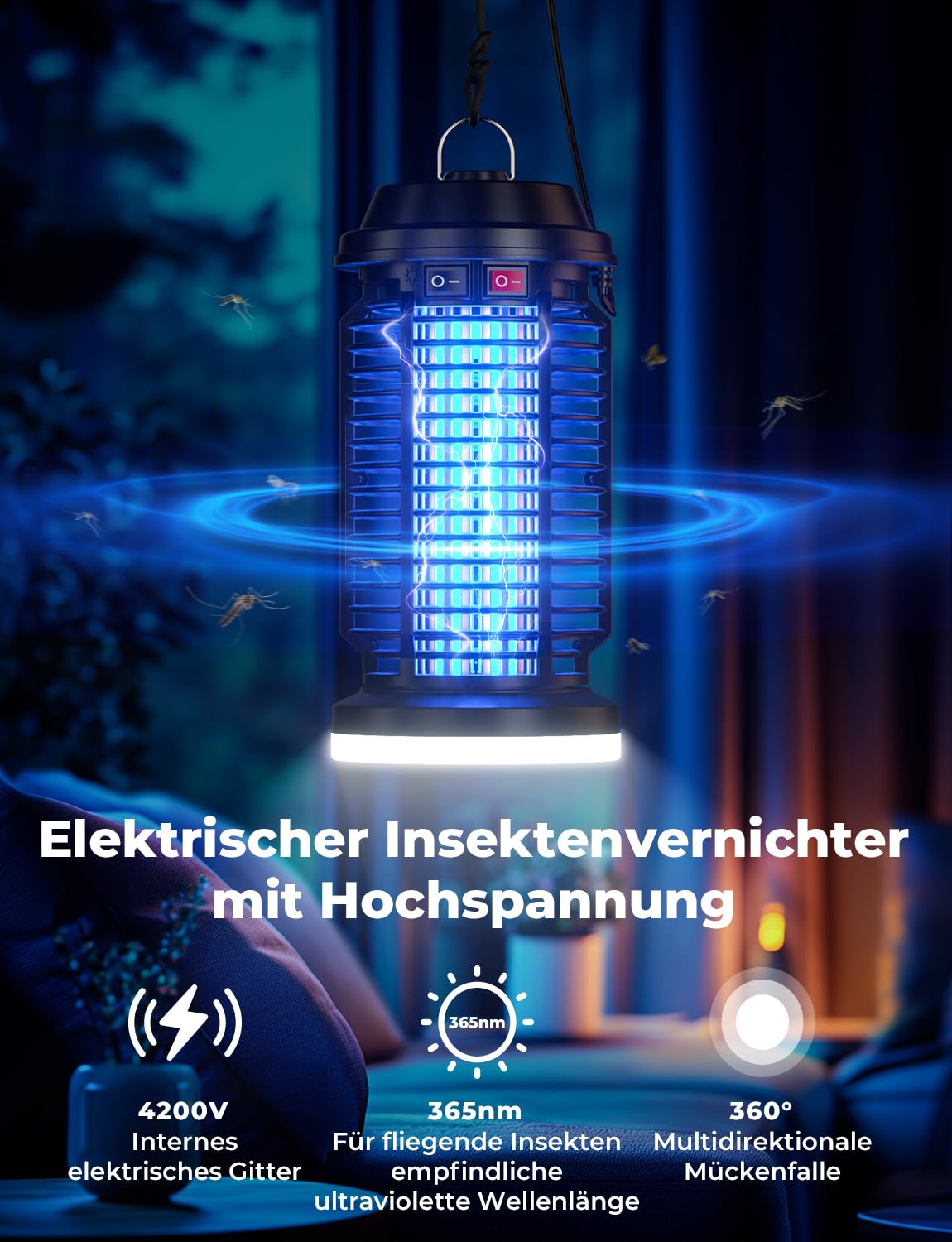 YISSVIC Insektenvernichter Elektrisch, 4200V Mückenlampe 15W, Elektrische Fliegenfalle 2-in-1 mit LED-Beleuchtung, UV-Lampe gegen Mücken und Fliegen, IPX4 für Innen und Außen