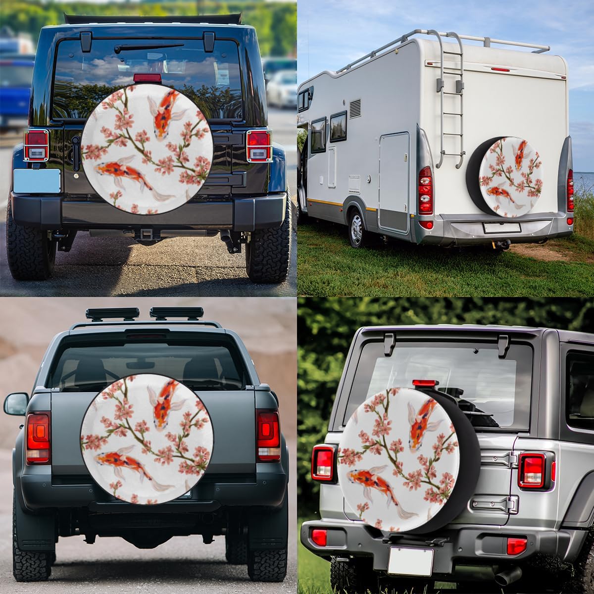 Koi Fish Tropical Tire Covers Portable Spare Tire Cover Soft Durable Waterproof Dustproof 3 Sizes 14 15 16 Inches for Car Truck SUV Trailer Camper