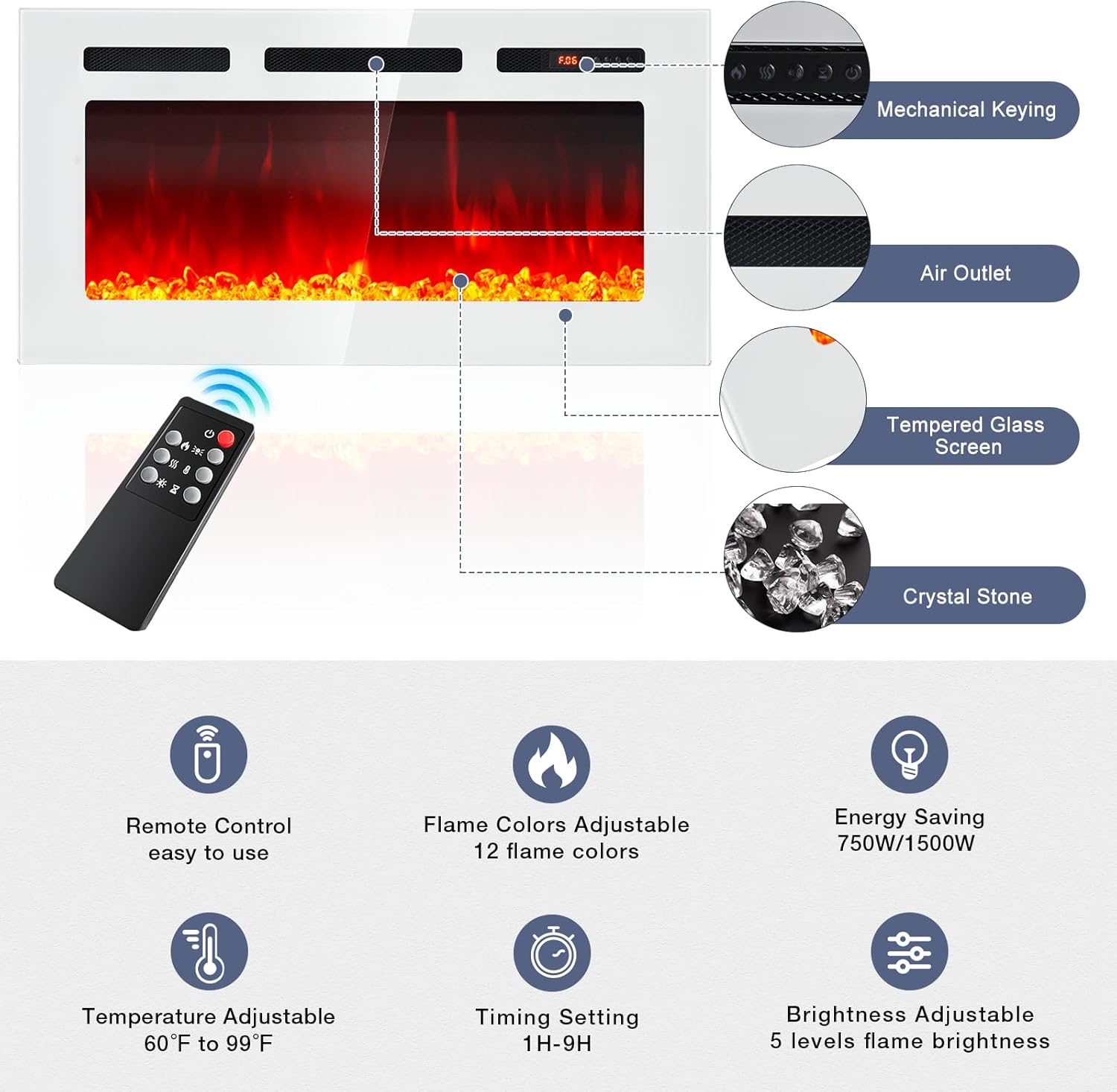MXV 80" Fireplace TV Stand for TVs Up to 90", LED Light Entertainment Center with 36" Electric Fireplace, Modern Wood Texture TV Media Console with Highlight Storage Cabinet, White-White - Image 4