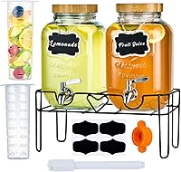 ShoreHao 2 Pack 1 Gallon Glass Drink Dispensers with Bamboo Lids, Fruit Infusers, Leak-Proof Spigots & Stand for Parties, Sangria, Juice