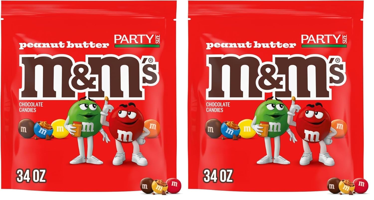 M&M's Peanut Butter Chocolate Candy, Football Party Candy Supplies, Party Size, 34 oz Bag (Pack of 2)