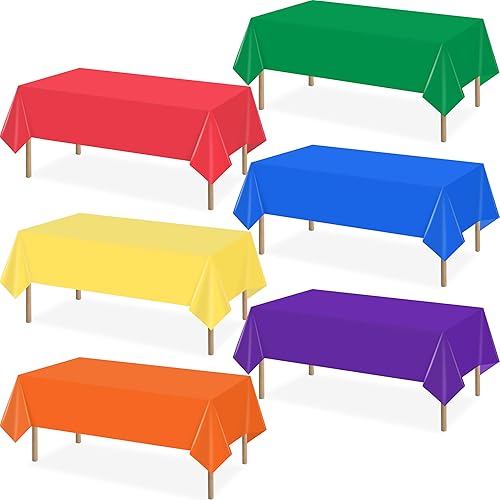 Paquete de 6 manteles desechables de plástico de 54 x 108 pulgadas, color arcoíris, coloridos manteles rectangulares impermeables para cumpleaños,