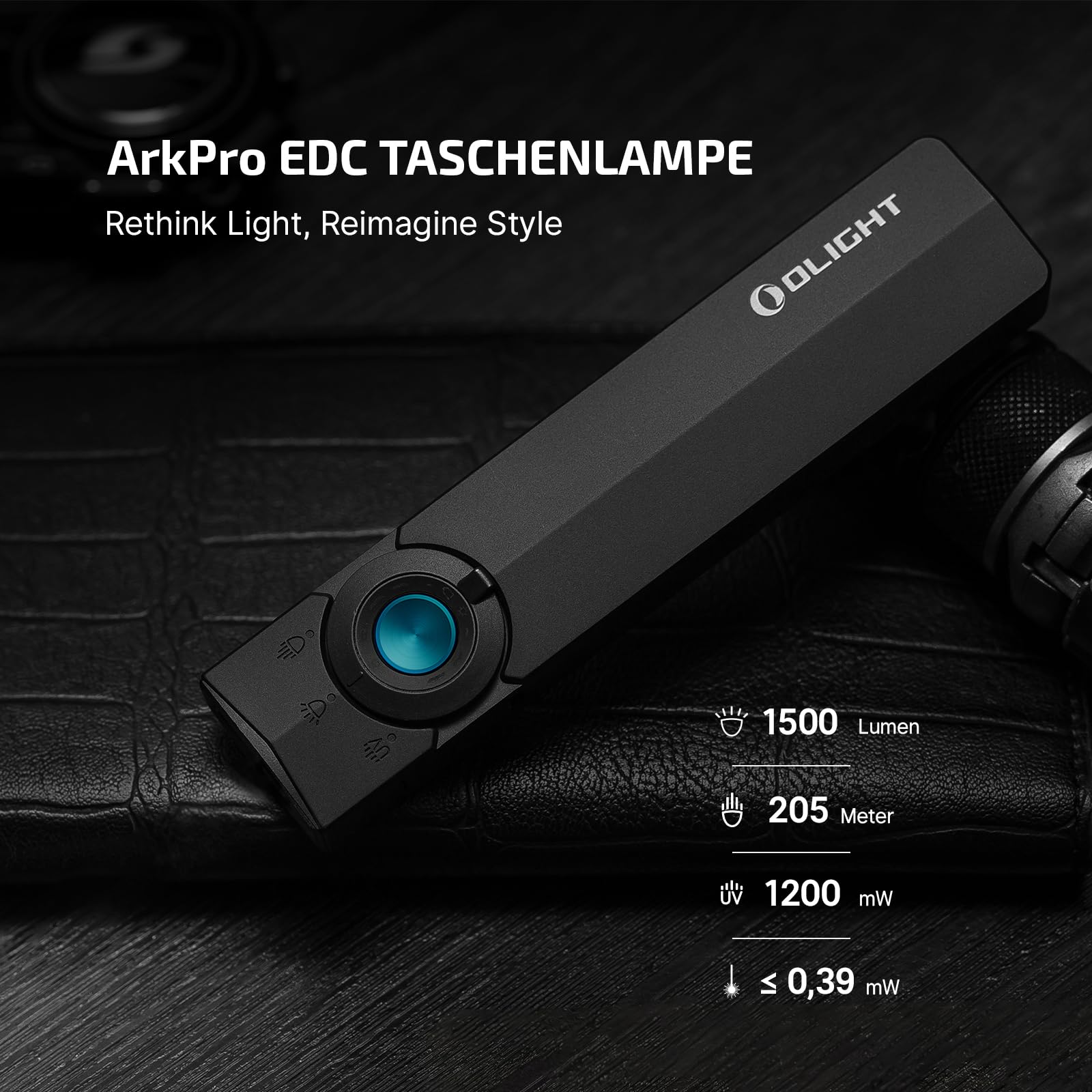 OLIGHT ArkPro Latarka z promieniowaniem UV i światłem zielonym, 1500 lumenów, zasięg wiązki 205 m, latarka z skupionym i czystym światłem rozproszonym do użytku na zewnątrz, wodoodporna IPX7, czarna