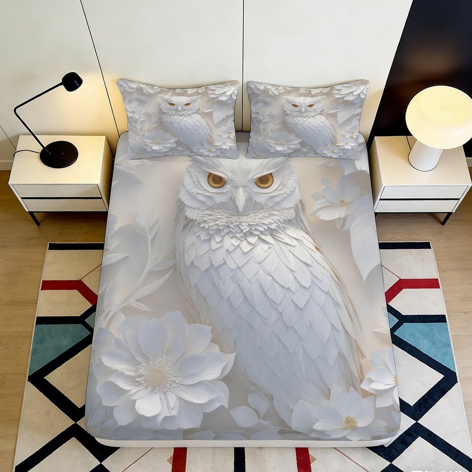 Jqzkxnhpbr Style-2 3D Printed White Owl Fitted Sheet Microfiber Soft Breathable Floral Bed Sheet For Bedroom Dorm Mattress Protection Decor 90X200x25cm