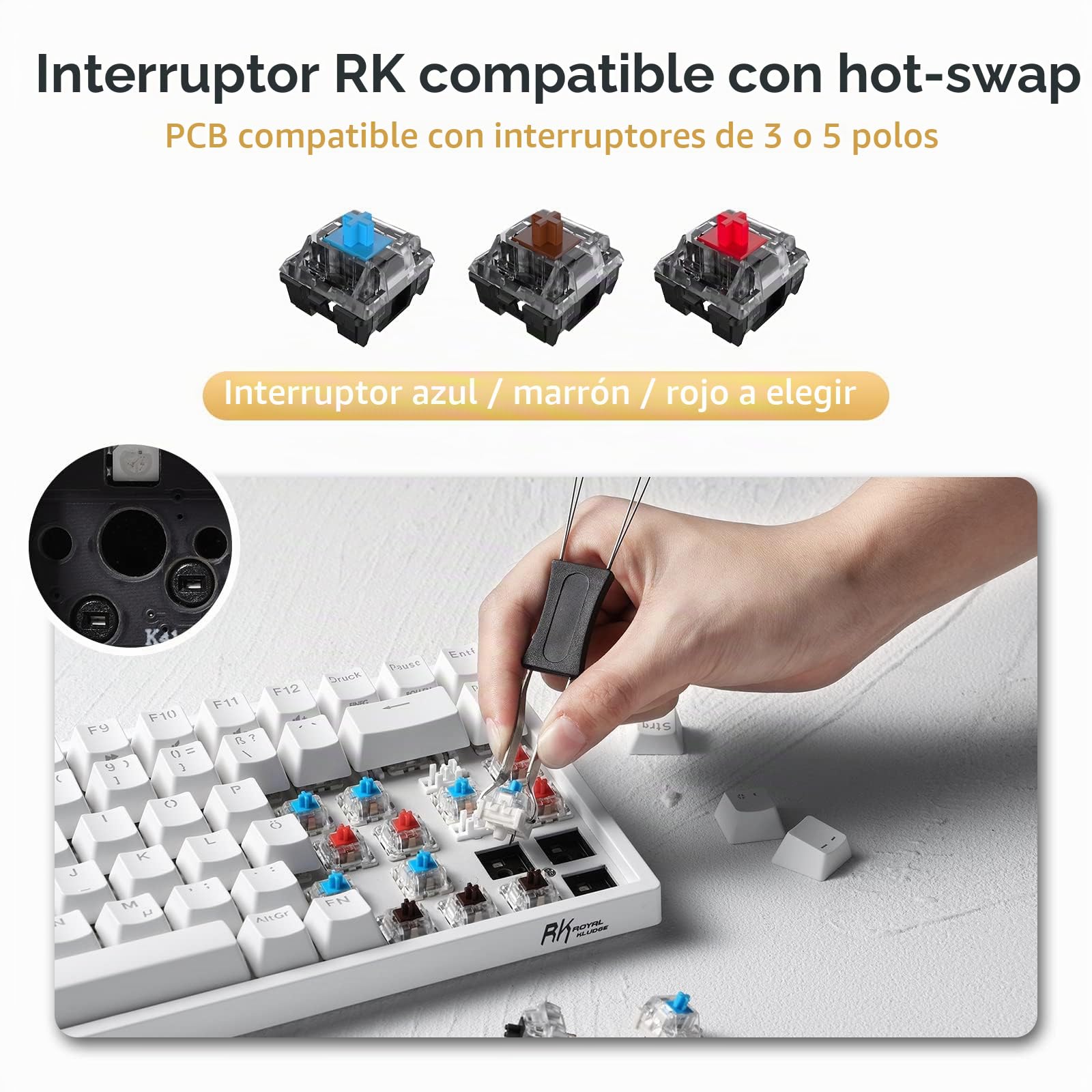 RK ROYAL KLUDGE RK84-DE 75% Teclado Gaming, 85 Teclado TKL Compacto, Teclado Mecánico Bluetooth, Interruptor Rojo, Retroiluminación RGB, Teclado Gaming 2.4Ghz