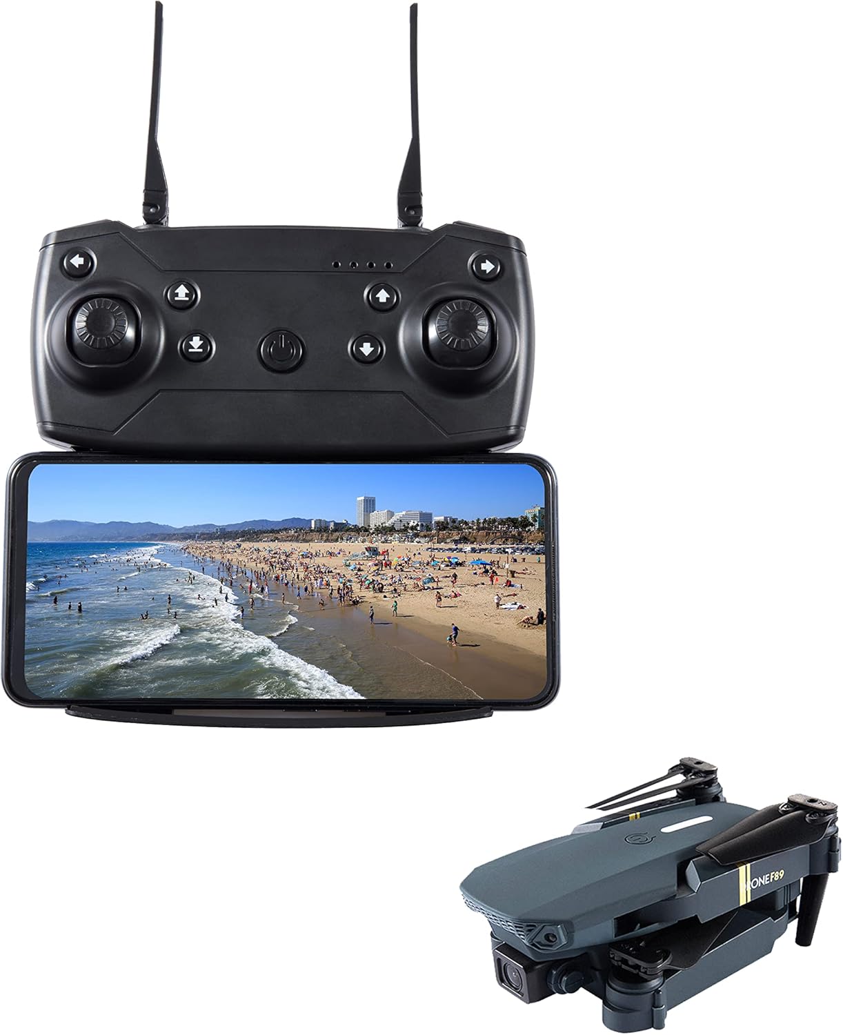 CHUBORY F89 WI-FI Drone and Controller with a smartphone mounted.