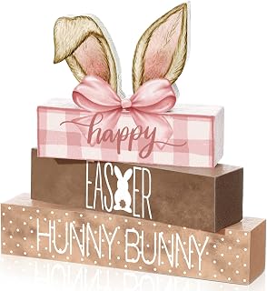 4 Pcs Coquette Easter Wooden Table Decor Rustic Happy Easter Tiered Tray Decor Farmhouse Bunny Table Centerpiece Vintage Gift(Pink Brown,Coquette Style)