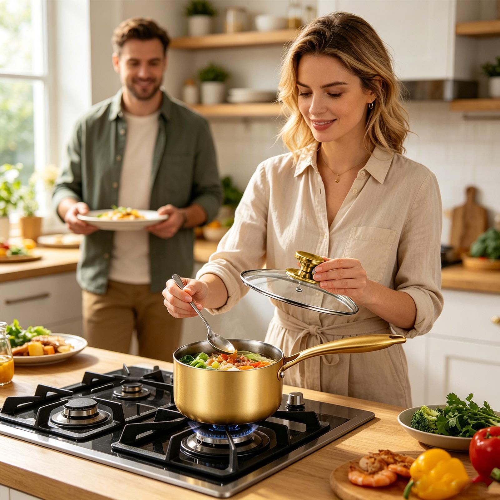 Cazo Para Salsas Cacerola de Cocina Fabricada en Acero Inoxidable con Mango | Olla Pequeña Para Cocinar, Tapa Incluida Para Hogar Cocina Restaurante Al Aire Libre Jardín Ca