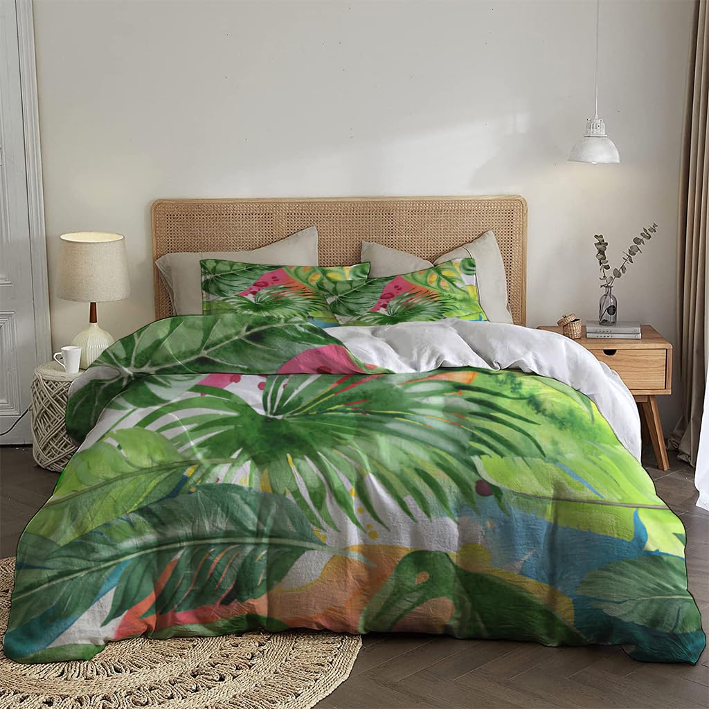 NIBAINLO 布団カバー水彩画 ジャングル 植物 パームビーチ 木の葉 肌に優しい ピーチスキン加工 掛け布団カバー 和式 洋式 あったか 布団カバーセット リバーシブル ホームステイ ホテル 家庭兼用