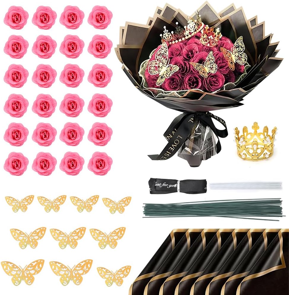 Glitter Rose Bouquet Pack of 24 DIY Fake Glitter Roses Bouquet with Crown Gifts for Wedding Anniversary Engagement Birthday Christmas Valentine's Day Pink
