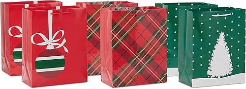 Hallmark Image Arts - Bolsas grandes de regalo de Navidad de 11 pulgadas (6 bolsas: tartán, árbol nevado, adorno rojo y verde) para compañeros de